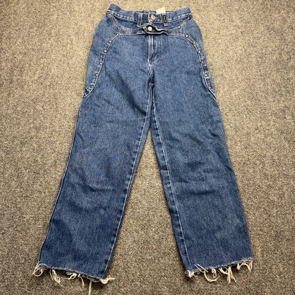 Rockies Vintage Western Studded High Waist Jeans Blue Denim Raw Hem 26/3